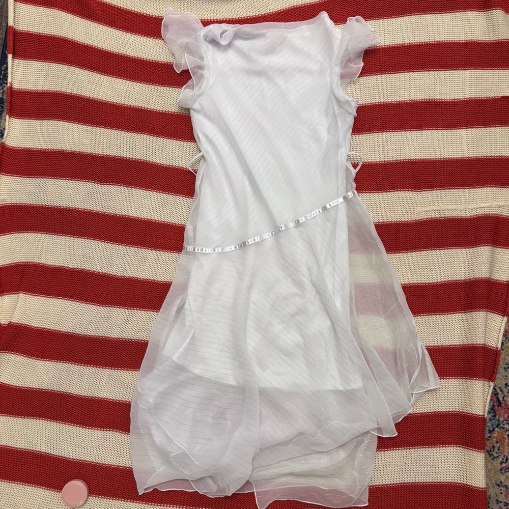 Girls 14 White Sheer Dress with Ruffle short sheer level with white ribbon long